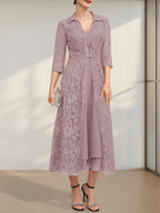 A-Linien-Chiffonkleid mit V-Ausschnitt und Teelänge für die Mutter der Braut