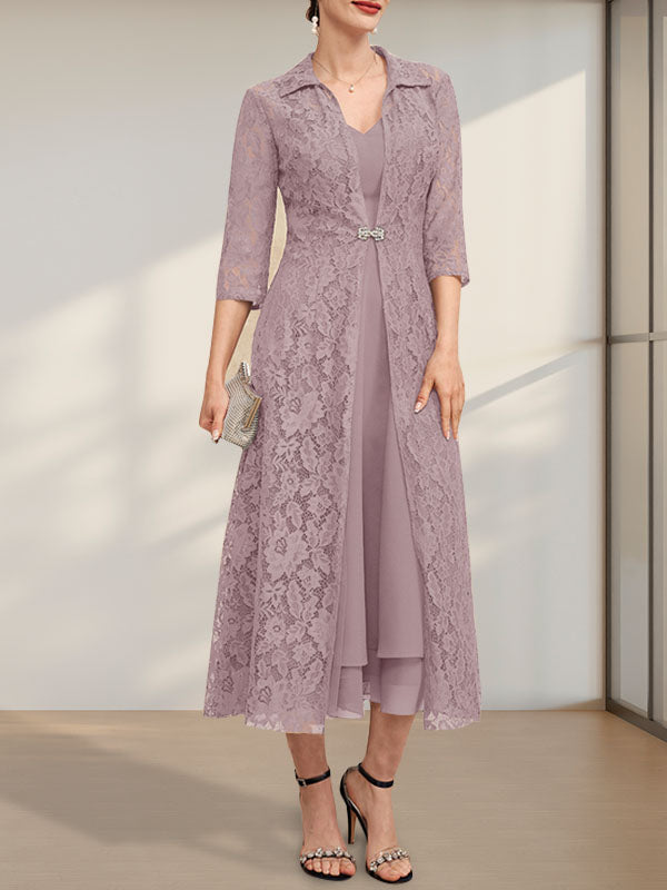 A-Linien-Chiffonkleid mit V-Ausschnitt und Teelänge für die Mutter der Braut
