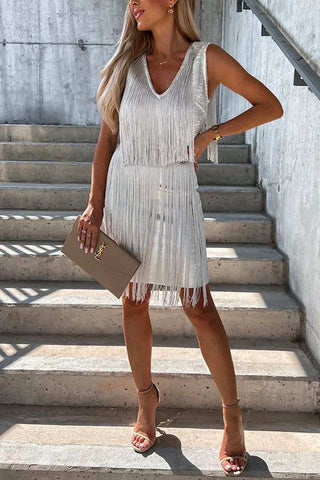 Meridress V Neck Waisted Sleeveless Tassel Bodycon Party Dress