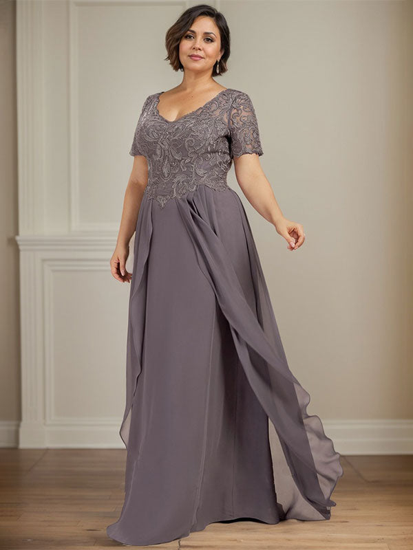 Vestido de gasa con encaje y escote en V hasta el suelo para madre de la novia