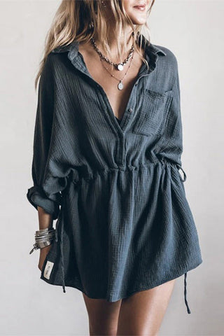 Meridress Collar Button Down Drawstring Waist Long Sleeve Dress