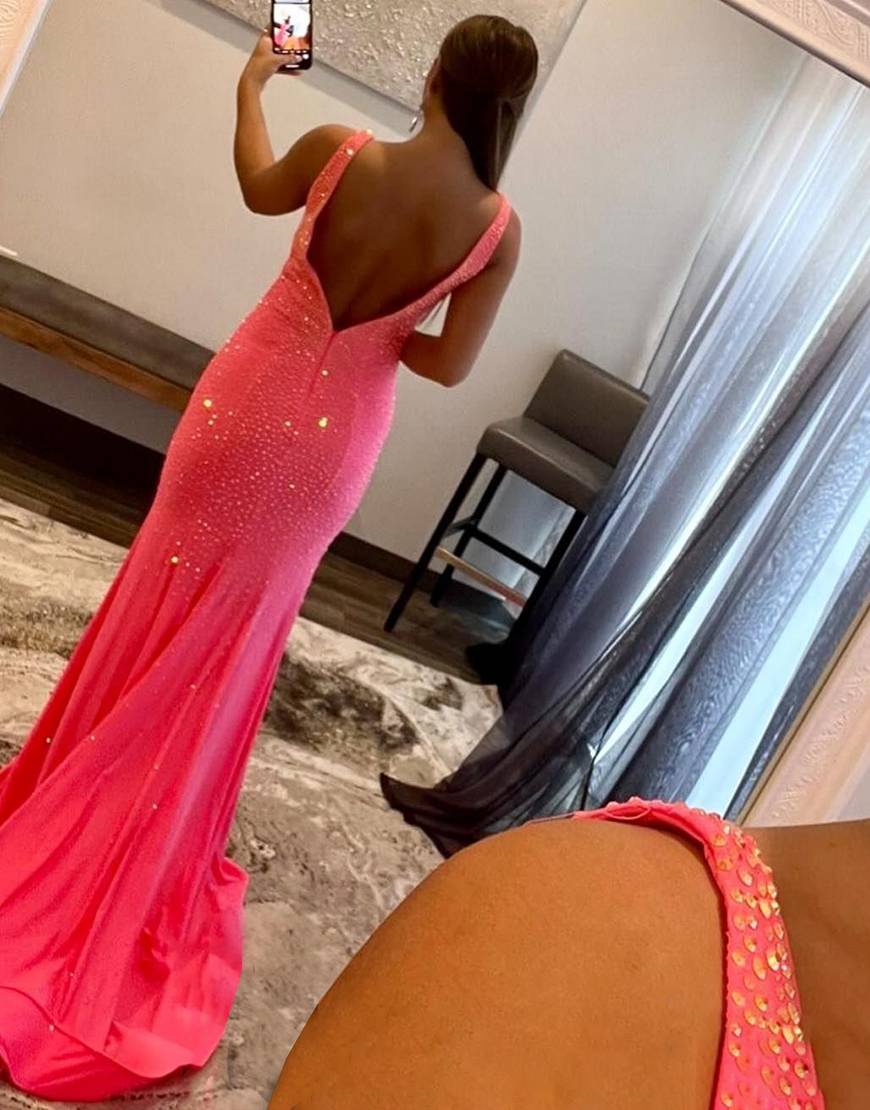 Meerjungfrauen-Abendkleid mit V-Ausschnitt und Perlenbesatz