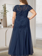 Dunkelblaues Meerjungfrauen-Tüllkleid mit Pailletten und Rundhalsausschnitt