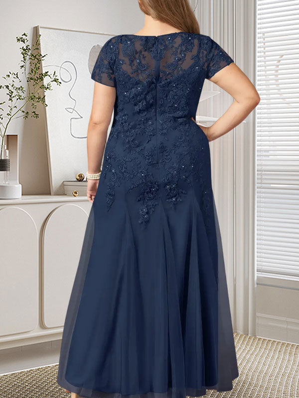 Dunkelblaues Meerjungfrauen-Tüllkleid mit Pailletten und Rundhalsausschnitt