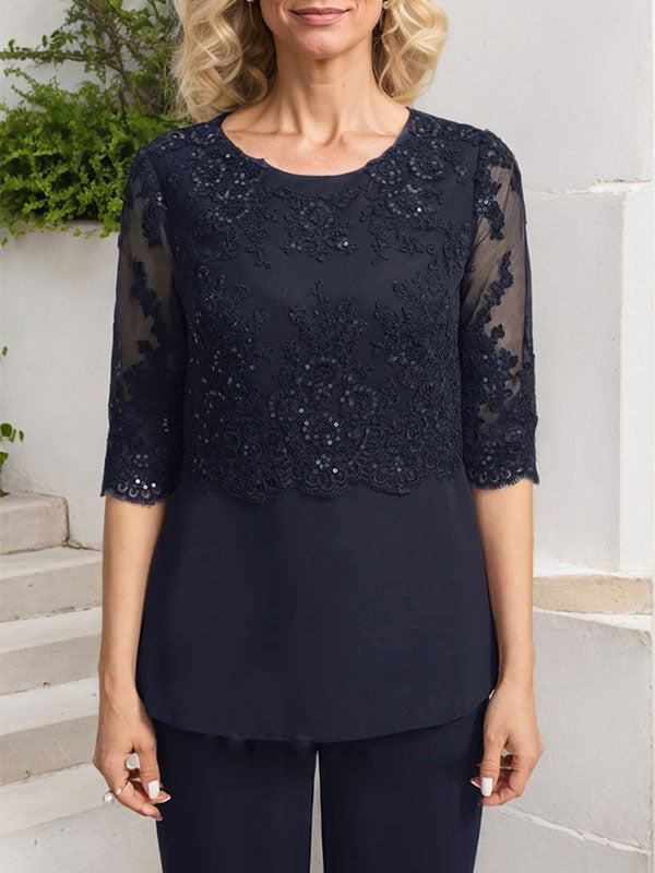 Jumpsuit/Hosenanzug-Set, bodenlanges Chiffon-Spitzenkleid mit Pailletten für die Mutter der Braut mit Rundhalsausschnitt