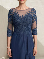 A-Linien-Kleid mit asymmetrischem, transparentem Chiffon-Spitzenausschnitt, Pailletten und Kaskadenrüschen für die Mutter der Braut