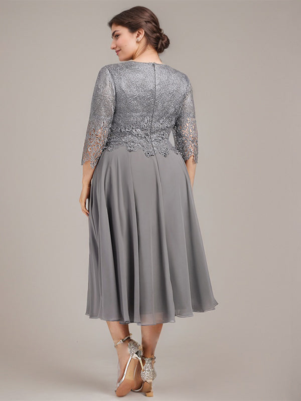 A-Linien-Kleid aus Chiffon mit Rundhalsausschnitt und Teelänge für die Mutter der Braut 