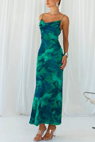 Meridress – Rückenfreies, bedrucktes Camisole-Maxikleid mit Wasserfallausschnitt und figurbetontem Schnitt