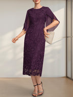 Etuikleid/Säulenkleid mit Rundhalsausschnitt, Teelänge, aus Spitze und Chiffon, ideal für die Mutter der Braut