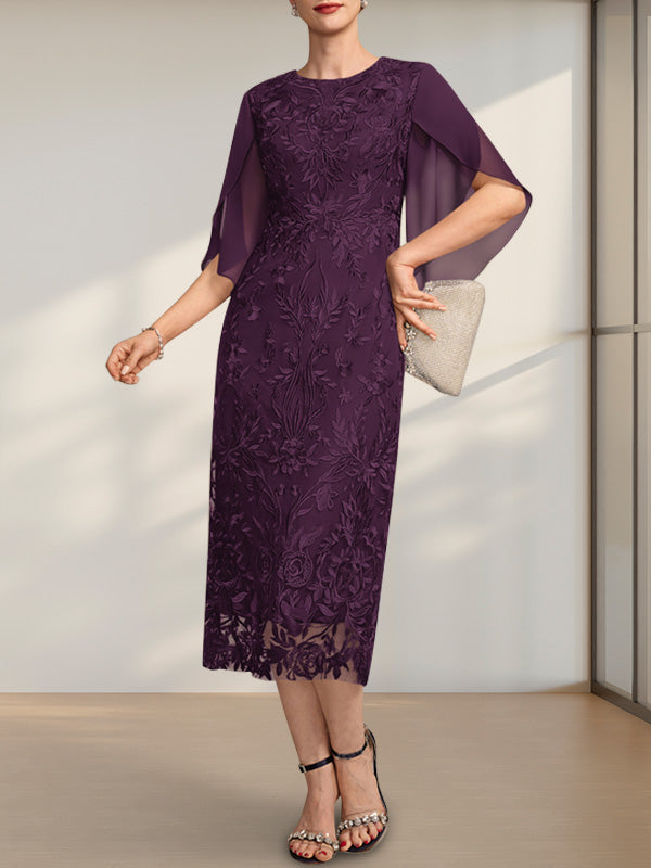 Vestido para madre de la novia de gasa con encaje, corte tubo, escote redondo y largo hasta la rodilla