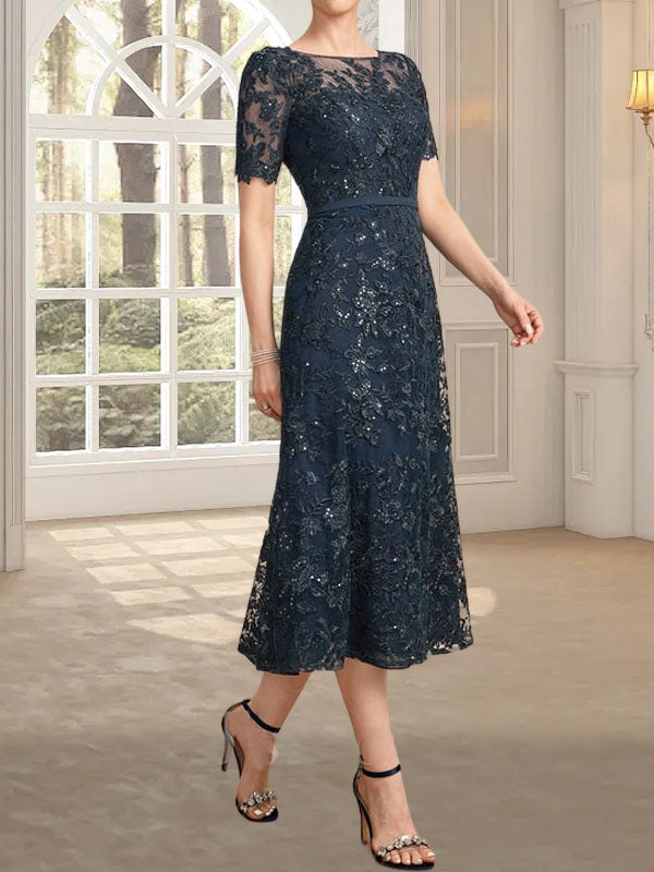 A-Linien-Kleid mit Rundhalsausschnitt, Illusion-Ausschnitt, Teelänge, Spitze und Pailletten für die Mutter der Braut