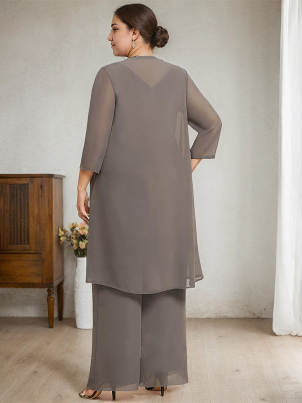 Vestido de madre de la novia de gasa con encaje, escote redondo y lentejuelas y mono/pantalón separado 