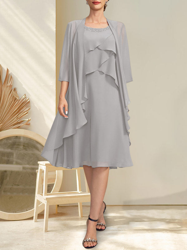 A-Linien-Chiffonkleid mit Rundhalsausschnitt und Perlenstickerei, knielang, für die Mutter der Braut