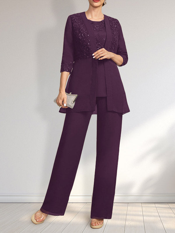 Jumpsuit/Hosenanzug-Set, bodenlanges Chiffon-Spitzenkleid mit Pailletten für die Mutter der Braut mit Rundhalsausschnitt