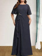 A-Linien-Kleid aus Chiffon in Bodenlänge für die Mutter der Braut mit kaskadenartigen Rüschen, Perlen und Pailletten