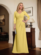 Etuikleid/Säulenkleid mit V-Ausschnitt, Illusion-Detail, bodenlang, aus Chiffonspitze und plissierten Pailletten für die Mutter der Braut 