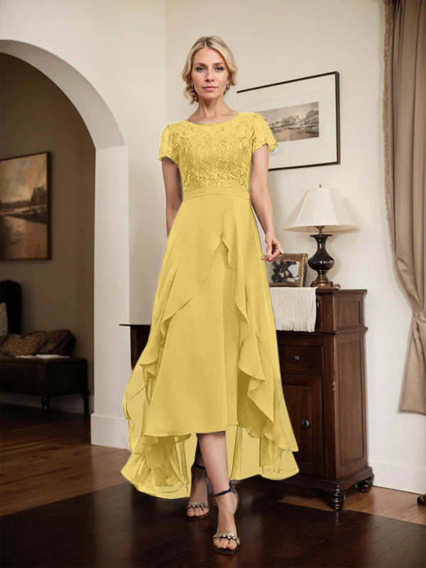 A-Linien-Kleid mit asymmetrischem Chiffon-Spitzenausschnitt, Schleife, Rüschen und Pailletten für die Mutter der Braut 