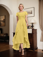 A-Linien-Kleid mit asymmetrischem Chiffon-Spitzenausschnitt, Schleife, Rüschen und Pailletten für die Mutter der Braut 