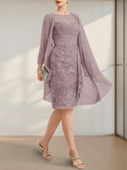 Etuikleid/Säulenkleid mit Illusion-Ausschnitt, knielang, aus Chiffon mit Spitze, Kaskadenrüschen und Pailletten für die Mutter der Braut