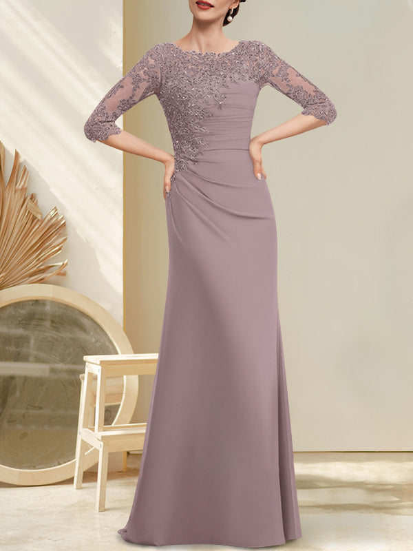 Vestido de gasa para madre de la novia, corte A, largo hasta el suelo, con encaje, cuentas y lentejuelas plisadas