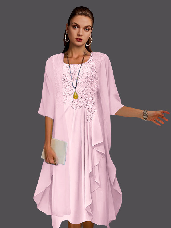 Zweiteiliges, ärmelloses A-Linien-Kleid aus Chiffonspitze mit Faltenapplikationen 