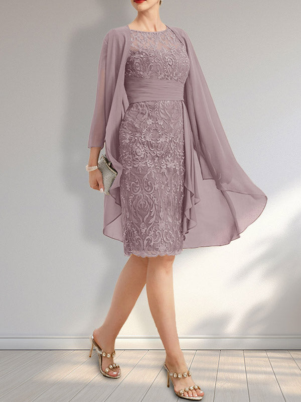 Etuikleid mit Rundhalsausschnitt, Illusion-Effekt, knielang, aus Chiffon mit Spitze, Rüschen und Pailletten – ideal für die Mutter der Braut