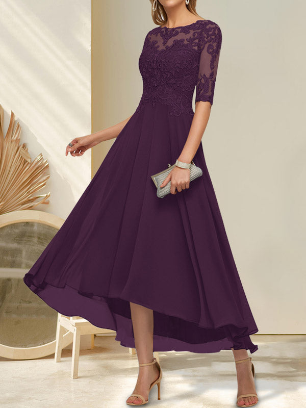 A-Linien-Kleid mit U-Boot-Ausschnitt, Illusion-Effekt, asymmetrischem Chiffon-Spitzenbesatz und Paillettenstickerei für die Mutter der Braut.