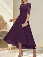 A-Linien-Kleid mit U-Boot-Ausschnitt, Illusion-Effekt, asymmetrischem Chiffon-Spitzenbesatz und Paillettenstickerei für die Mutter der Braut.