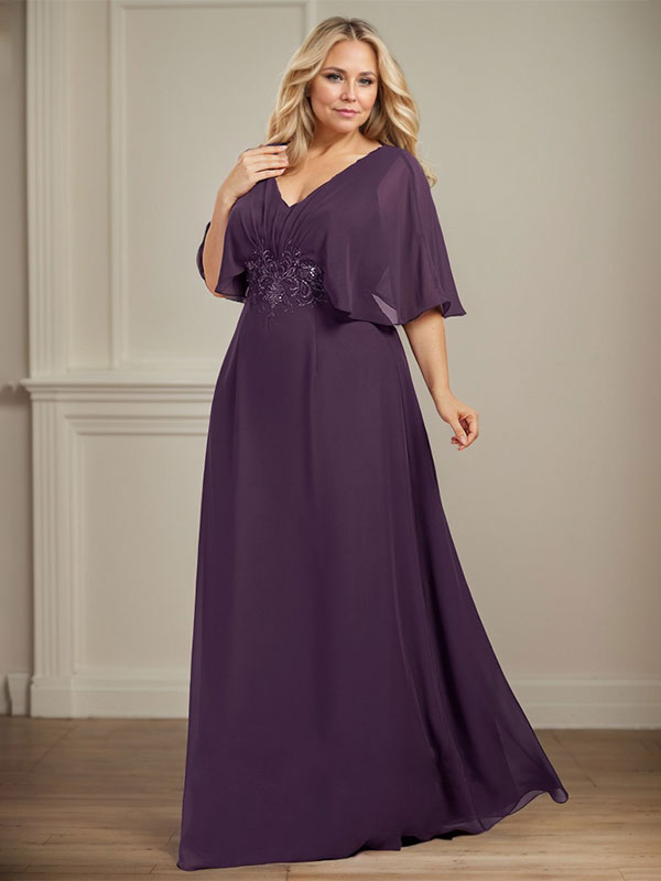 A-Linien-Kleid aus Chiffon mit V-Ausschnitt, bodenlang, für die Mutter der Braut, mit plissierten Paillettenapplikationen und Spitze