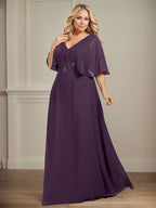 A-Linien-Kleid aus Chiffon mit V-Ausschnitt, bodenlang, für die Mutter der Braut, mit plissierten Paillettenapplikationen und Spitze