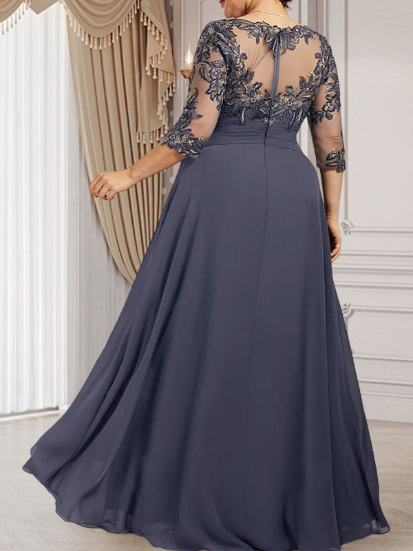 A-Linien-Kleid mit U-Boot-Ausschnitt, Illusion-Effekt, bodenlang, aus Chiffon und Spitze, mit Kaskadenrüschen – perfekt für die Mutter der Braut