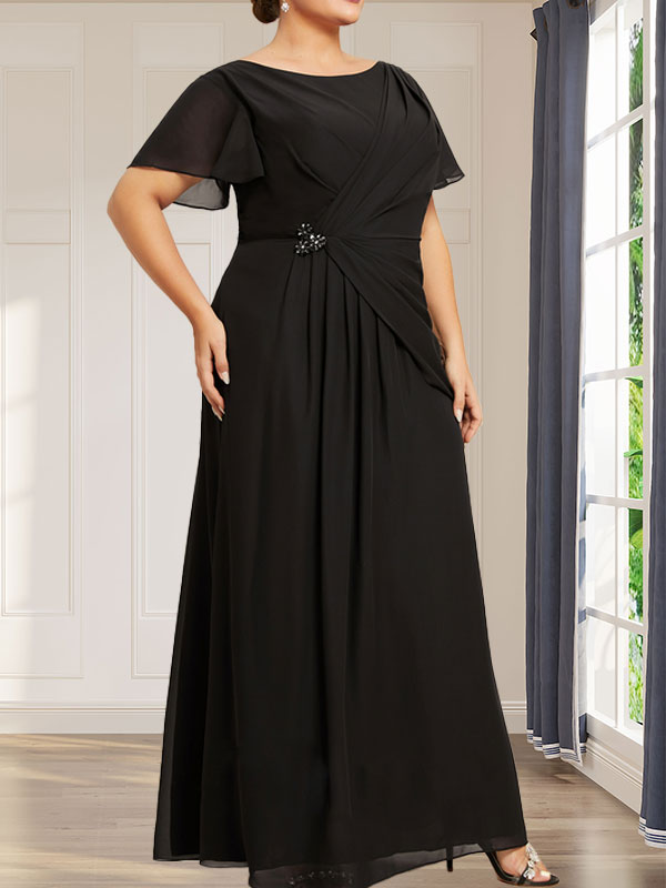 A-Linien-Chiffonkleid mit Rundhalsausschnitt, knöchellang, mit Perlenstickerei und Falten für die Mutter der Braut