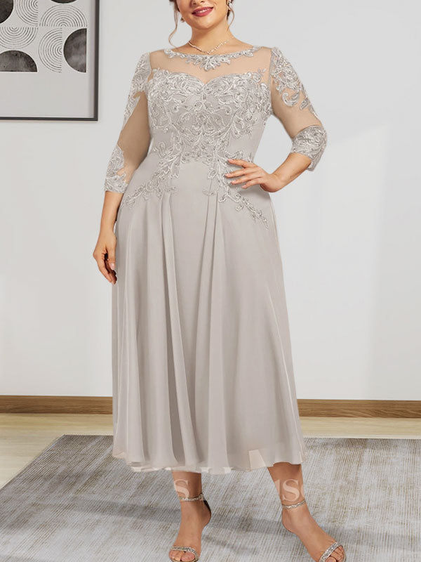 A-Linien-Kleid mit U-Boot-Ausschnitt, Illusion-Detail, Teelänge, Chiffonspitze, Perlenstickerei und Pailletten für die Mutter der Braut