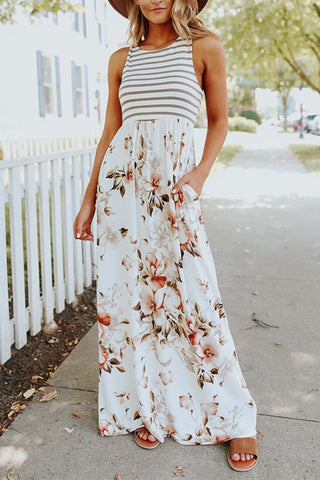 Vestido largo sin mangas con estampado floral y rayas de Meridress