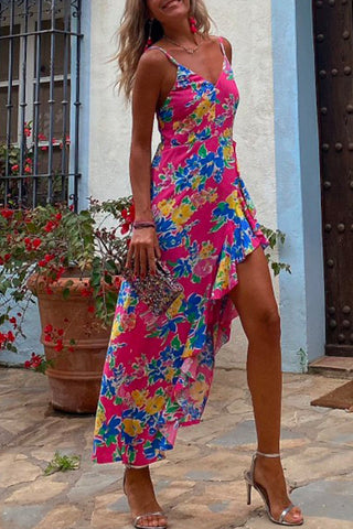 Meridress V Neck Irregular Hem Printed Cami Holiday Dress