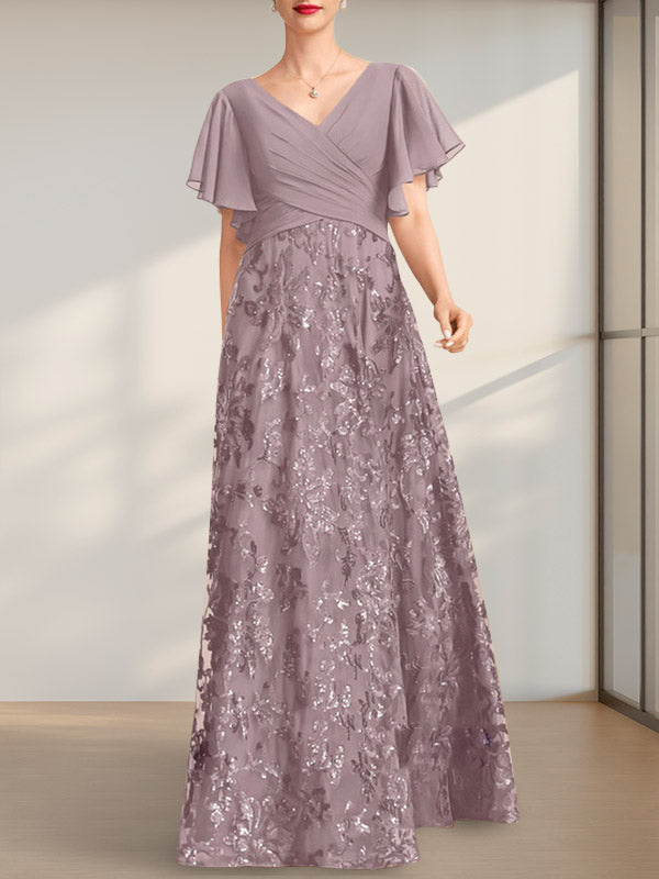 Vestido de madre de la novia de gasa con lentejuelas, encaje, escote en V y largo hasta el suelo, con pliegues