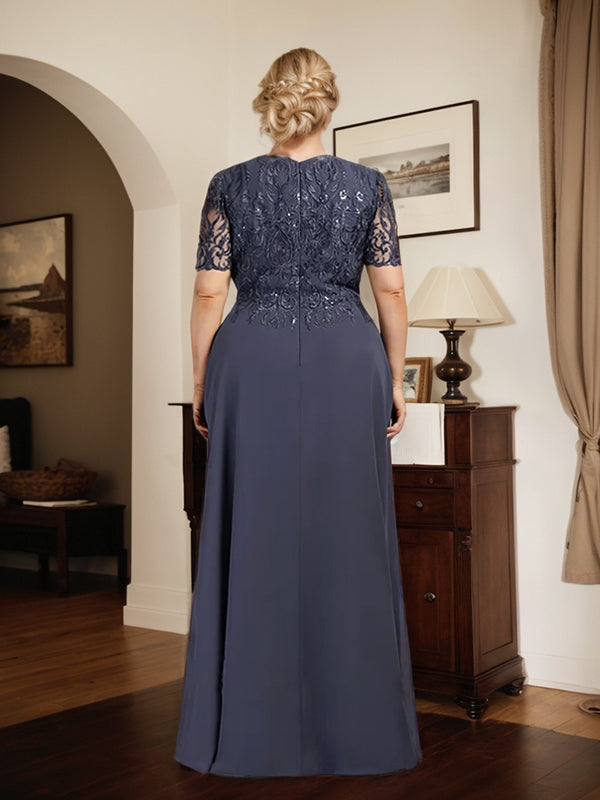 A-Linien-Kleid aus Chiffon mit Pailletten und Rundhalsausschnitt, bodenlang, für die Mutter der Braut