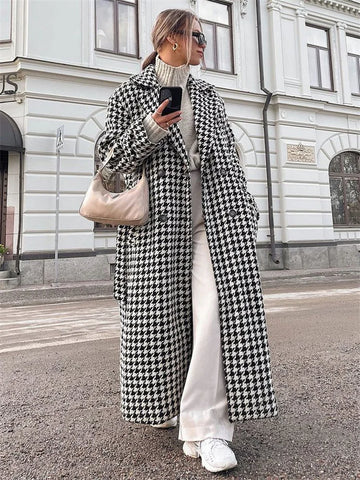 TARUXY Hahnentritt-Trenchcoat für Frauen 2024 Herbstmode Schlanke lange Mäntel Damen Winter Street Temperament Kleidung Frau Neu 