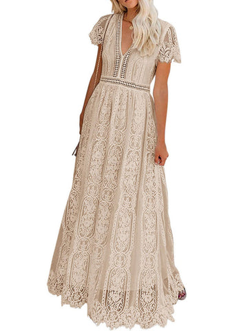 V-Neck Maxi Dress Short Sleeves Casual Long Dress