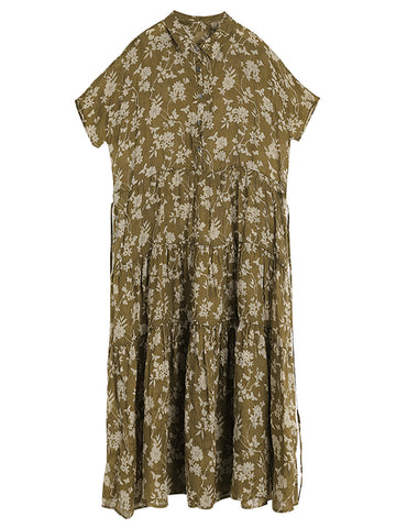 Women Summer Artsy Floral Drawstring Cardigan Ramie Dress