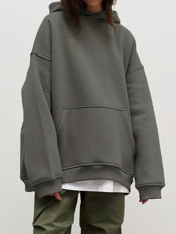 Sudadera con capucha de terciopelo de color liso con bolsillos sueltos y mangas largas 