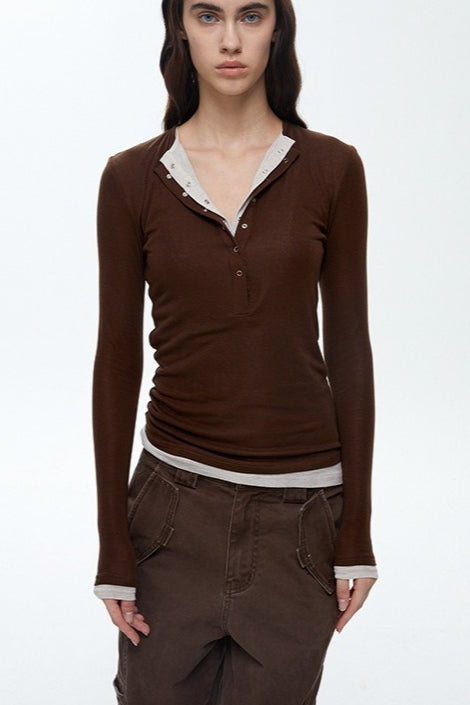 Button Detail Layered Long Sleeve Knit Top