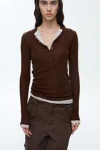 Button Detail Layered Long Sleeve Knit Top
