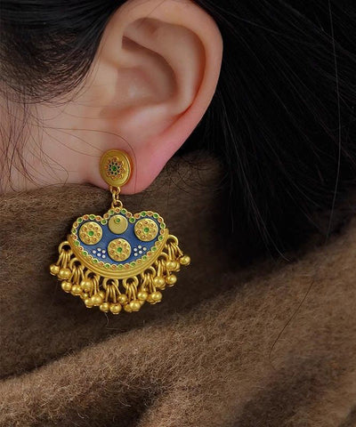 Chinese Style Gold Enamel Ancient Gold Tasse Drop Earrings