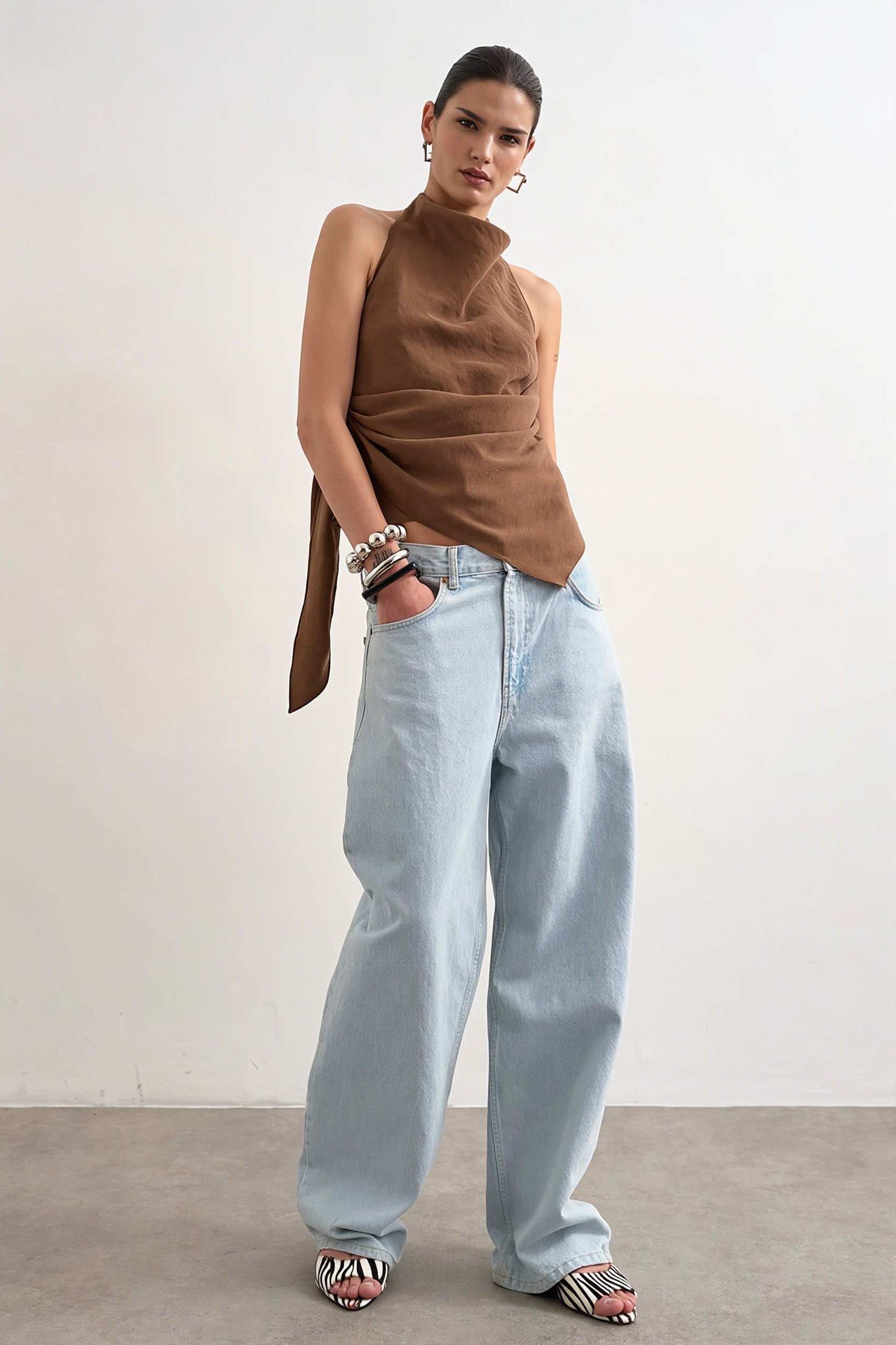 Cowl Neck Backless Asym Draped Halter Top