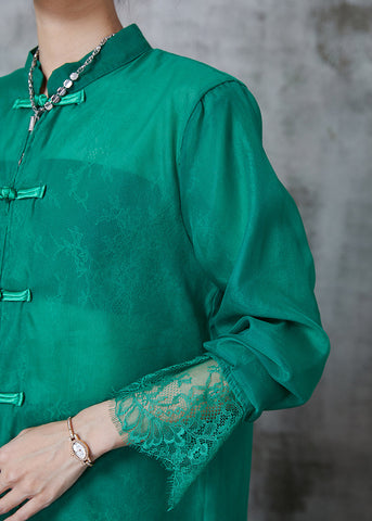 Kunst Grün Chinesische Taste Patchwork Spitze Hemd Tops Sommer 