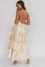 Satin V-Neck Cami Tiered Slim Maxi Dress