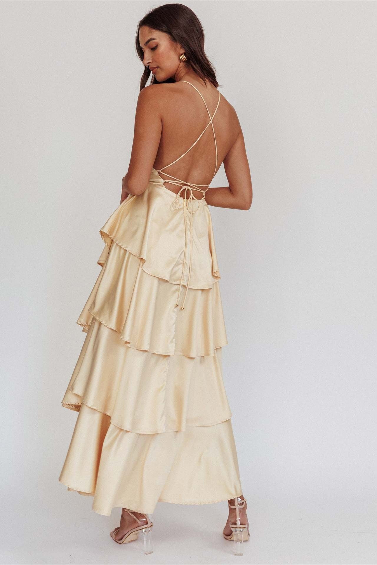 Satin V-Neck Cami Tiered Slim Maxi Dress