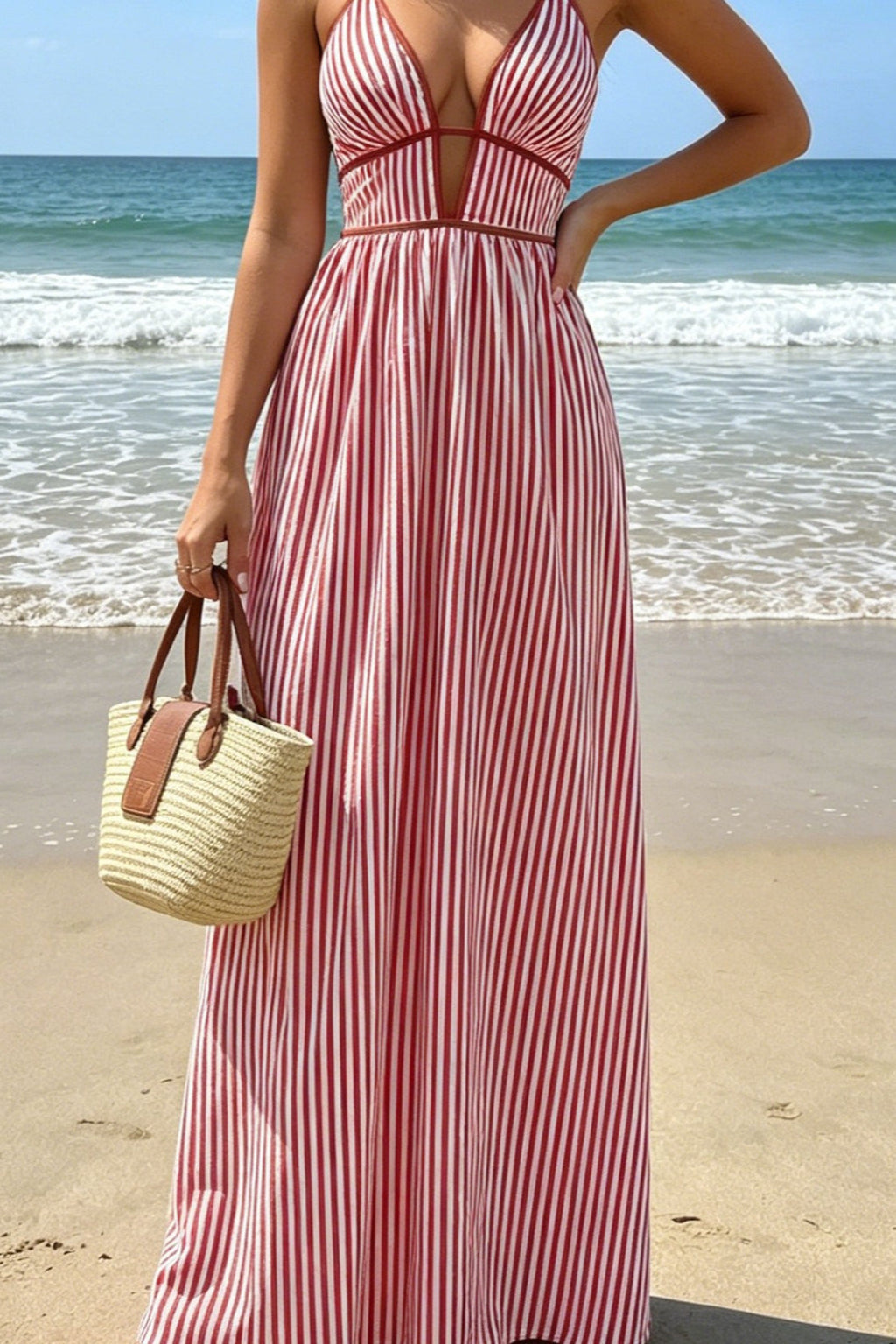 Slim Striped Halter Backless Beach Cami Maxi Dress