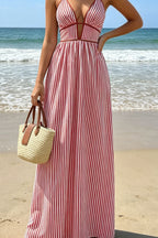 Slim Striped Halter Backless Beach Cami Maxi Dress